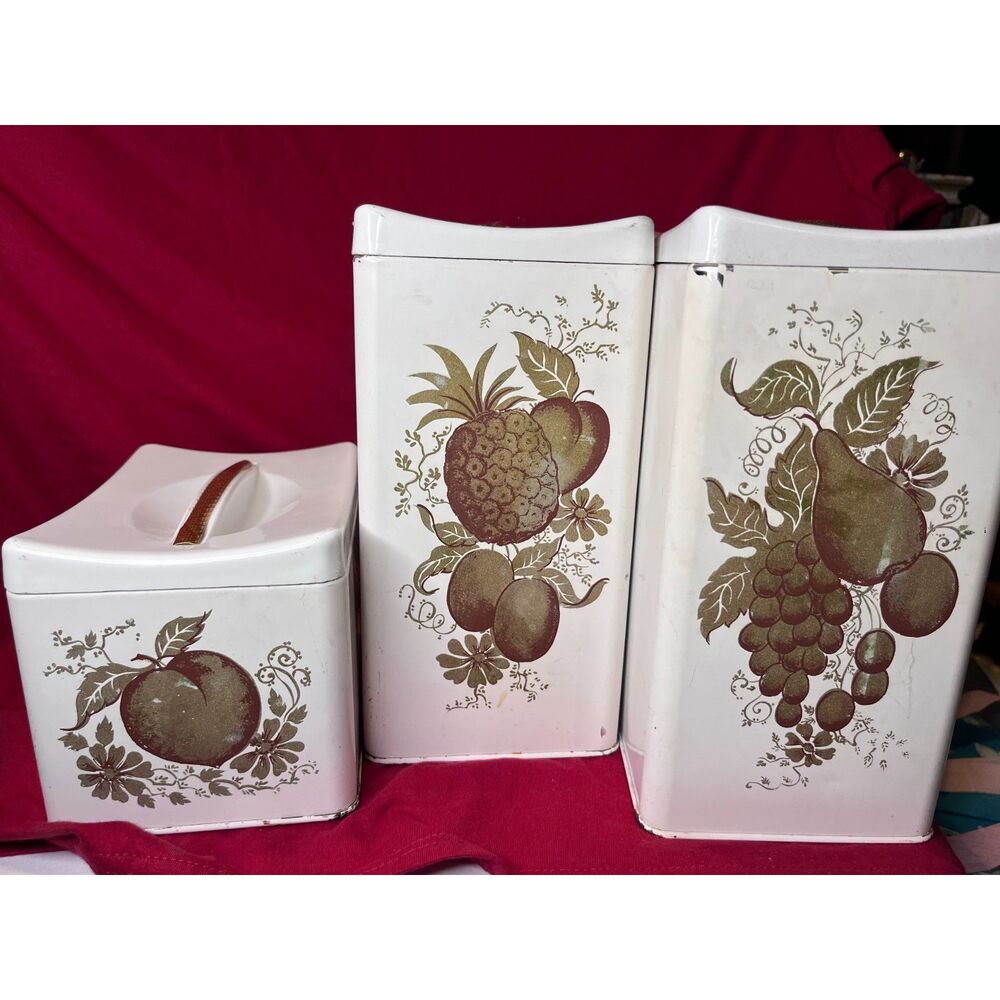 Vintage Ransburg Fruit Design White Rectangular Cannister Set of 3 Stackable